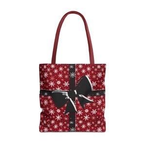 Tote Bag, Red Christmas Holiday Bag, Festive Black Bow, Reusable Shoulder Tote