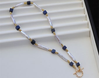 Blue Lapis lazuli Necklace | Beaded Lapis Necklace | White Stick Biwa Pearl | Freshwater Real Pearls | Beaded Gemstone Jewelry