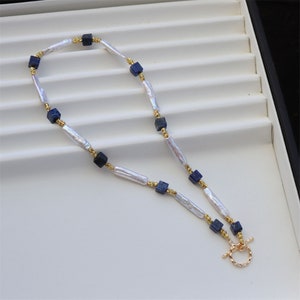 Blue Lapis lazuli Necklace | Beaded Lapis Necklace | White Stick Biwa Pearl | Freshwater Real Pearls | Beaded Gemstone Jewelry
