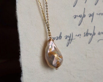 Baroque Pearl Necklace Women | Gold Foil Necklace | Irregular Pearl Necklace | Natural Freshwater Pearl | Gift for her