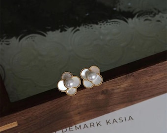 Perlmutt Ohrringe | Perle Ohrstecker | Kleeblatt Ohrringe für Damen