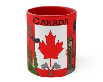 May include: Red ceramic mug with a white Canadian flag design. The flag features a red maple leaf and the word "CANADA" at the top. The mug also features images of a beaver, a moose, a bear, a clock tower, and two crossed axes.
