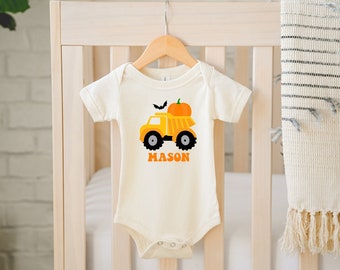 Personalized Halloween Tractor Baby Onesies®, Custom Halloween Tractor Onesie®, Personalized Farm Shirt for Baby, Pumpkin Name Onesies®