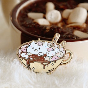 Cat Hot Chocolate Enamel Pin - Cute Animal Pin - Cozy Pin - Dessert Marshmallow Pin -  Kawaii Lapel Pins