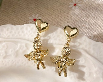 Gold Plated Angel Drop Earrings -  Cherub Earrings - Christmas Gift For Her - Hypoallergenic Jewelry