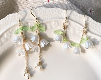 Lily of the Valley Earrings - Flower Clip On earrings - Long Fairy Earrings - 14k Gold Plated Whimsical Jewelry, Unique Gift For Mom