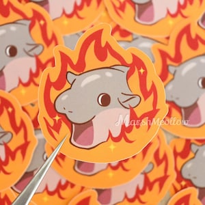 Sticker Moo Deng on Fire - sticker pygmee nijlpaard schattig dier - mat waterdichte stickers