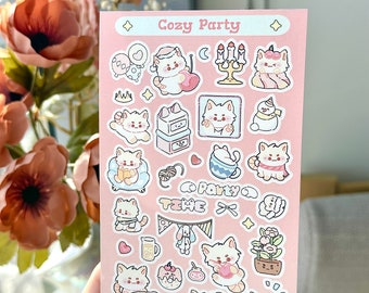 Kitty Cozy Party Vinyl Sticker Sheet- Cute Cat Decor Sticker - Matte Waterproof Stickers