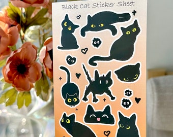 Black Cat Vinyl Sticker Sheet- Cute Decor Sticker - Matte Waterproof Stickers