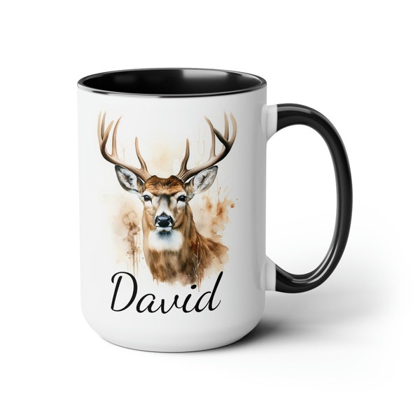 Personalized Name, White-Tailed Deer Coffee Mug - Rustic Wildlife Design - Custom Name - Perfect Gift for Nature Lovers 15oz