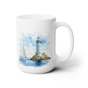 Watercolor Lighthouse Mug: Coastal Beach & Sailboat Design, 15oz