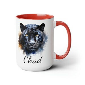 Personalized Black Panther Mug: Wildlife Watercolor, Custom Name, 15oz