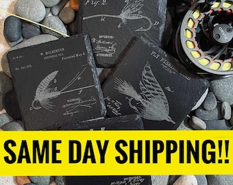 Fly fishing coasters, **SAME DAY SHIPPING** for orders received by 3pm, in stock for last minute gifts, fly fishing gift, trout, salmon, dry