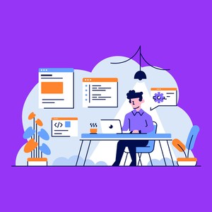 May include: A person sits at a desk in front of a laptop computer with a cup of coffee on the desk. There are four windows open on the screen, showing code, a website, and a gear icon. The person is working on a project.