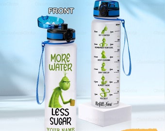 Grinsen Wasser Tracker Flasche, Film Wasserflasche, Weihnachtsfilm Geschenk, personalisierte Flasche, Plastikwasserflasche, lustige Flasche