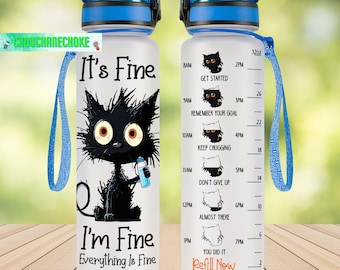 Cat Water Tracker Bottle, Black Cat Water Bottle, Cat Lover Gift, Cat Water Tracker, Cat Drink Bottle, Plastic Water Bottle, Cat Bottle