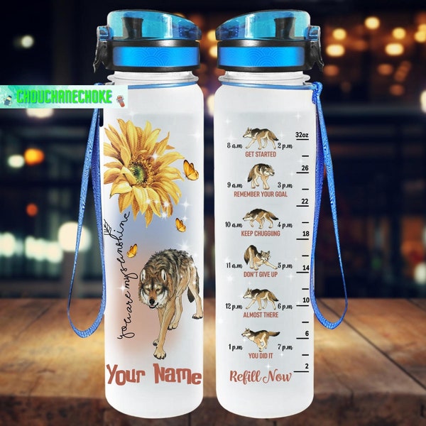 Wolf Wasser Tracker Flasche, Wolf Wasserflasche, Geschenk für Wolf Liebhaber, Wolf Gym Flasche, Tier Wasserflasche, personalisierte Wasserflasche