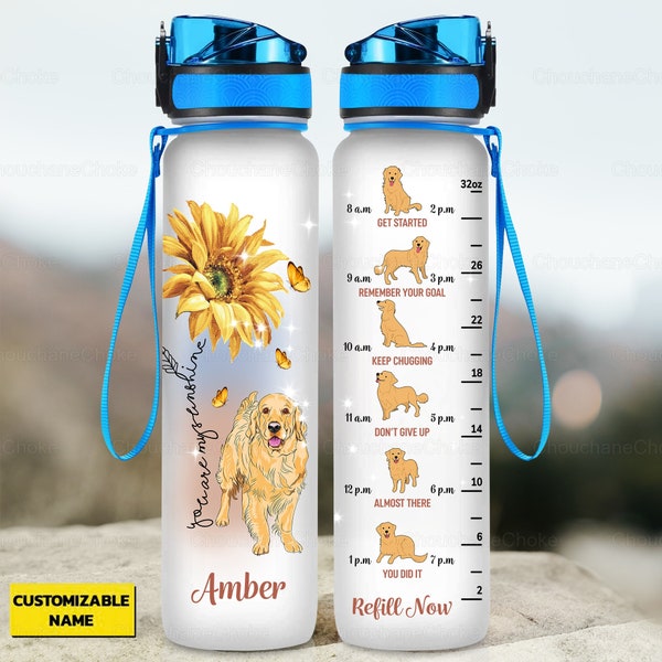 Bouteille de traqueur d’eau Golden Retriever, bouteille d’eau de tournesol, bouteille personnalisée, cadeau pour la famille, cadeau pour les amoureux des chiens, cadeaux Golden Retriever