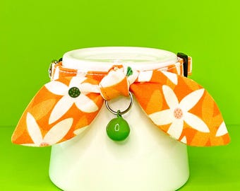 Fabric Cat Collar, Flower Cat Collar, Orange Cat Collar, Cat Collar with Bow and Bell or Charm.