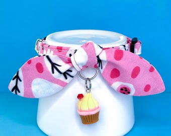 Fabric Cat Collar, Cat Collar with Bow and Bell or Charm, Flower Cat Collar, Pink Cat Collar