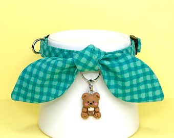 Teal Plaid Cat Collar with Bow and Bell or Charm, Teal Checked Cat Collar