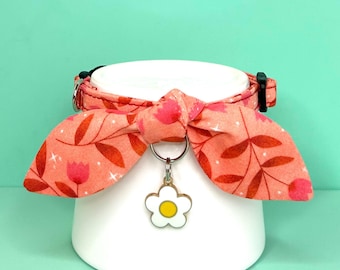 Floral Cat Collar with Bow and Bell or Charm, Peach and Pink