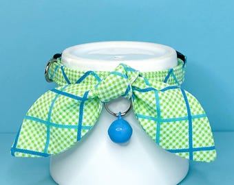 Fabric Cat Collar, Cat Collar with Bow and Bell or Charm, Spring Cat Collar, Blue Green Cat Collar