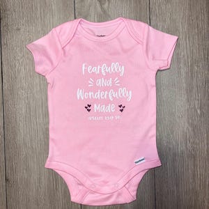 Fearfully and Wonderfully made Psalm 139:14 Pink or Grey Baby Onesie with hearts