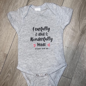 Fearfully and Wonderfully made Psalm 139:14 Grey or Pink Baby Onesie with hearts