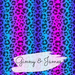 May include: A seamless pattern of black leopard spots on a gradient background of blue and pink. The text "Ginny & James" is written in white on a white brushstroke.