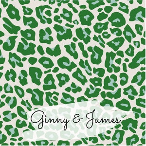 May include: Green and white leopard print background with a white brush stroke banner that says "Ginny & James" in black cursive.