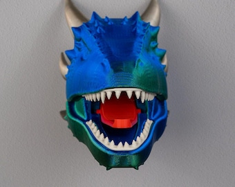 3D Printed Dragon Head Wall Mount – Blue & Green Fantasy Decor Hook