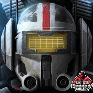 May include: A close-up of a white and gray helmet with a red stripe and a yellow visor. The helmet has a weathered look and is worn by a soldier.