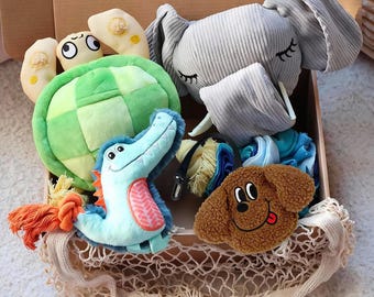 Personalized Dog Toy Gift Box: Turtle Puzzle, Plush Crocodile, Snuffle Ball & Elephant Hide Toy