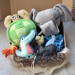 Hundespielzeug Geschenkbox, personalisiertes Bündel Haustierspielzeug, individuelles Geschenk für Hunde, Hundegeburtstagsgeschenk, neues Welpengeschenk, Hundeweihnachtsgeschenkbox