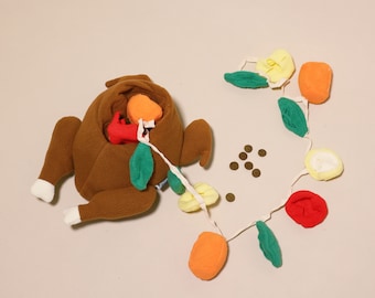 May include: A brown plush turkey with stuffing coming out of its body. The stuffing is made of felt and includes orange, red, and green pieces. A white string with felt leaves and orange, red, and yellow pieces is attached to the turkey.