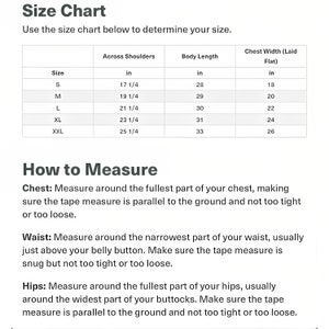 May include: Size chart for clothing with measurements in inches for across shoulders, body length, and chest width. The chart includes sizes S, M, L, XL, and XXL. Instructions for measuring chest, waist, and hips are provided below the chart.