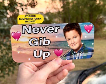 Puede incluir: Un imán rectangular para parachoques con un fondo de playa al atardecer, el texto Never Gib Up en letras negras, tres corazones rosas y el retrato de una persona con una camisa de cuadros en tonos azules y verdes.