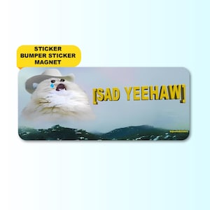 Sad Yeehaw | Sad Cute Cowboy Cat Gen Z Meme Sticker, Bumper Sticker, Car Magnet | Waterproof premium vinyl | Unhinged Humor, Funny Cat Gift