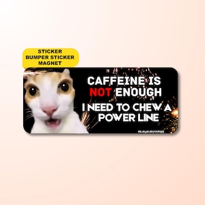 May include: A rectangular sticker featuring a wide-eyed orange and white cat on a black background with sparks. The text reads: CAFFEINE IS NOT ENOUGH I NEED TO CHEW A POWER LINE. The word NOT is in red. The text BEJEWELEDSTICKERS is in the bottom right.