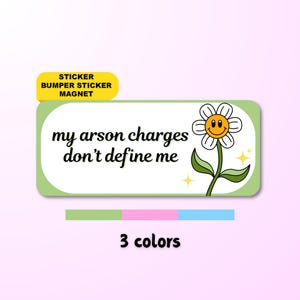 May include: A rectangular sticker, bumper sticker, or magnet with a light green border and white centre. It features the black text 'my arson charges don't define me' and a cartoon flower with a yellow smiley face, green stem, and two small stars.