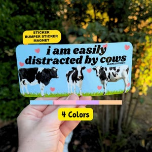 May include: A rectangular bumper sticker magnet with a light blue background, green grass, and three black and white cows. The text reads i am easily distracted by cows and bejeweledstickers, accented with small pink hearts throughout the design.