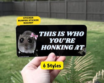 May include: A rectangular black bumper sticker or magnet featuring a graphic of a gray animal with large black eyes and a small pink bow on its head. The text reads, THIS IS WHO YOU'RE HONKING AT, in white capital letters with a subtle drop shadow.