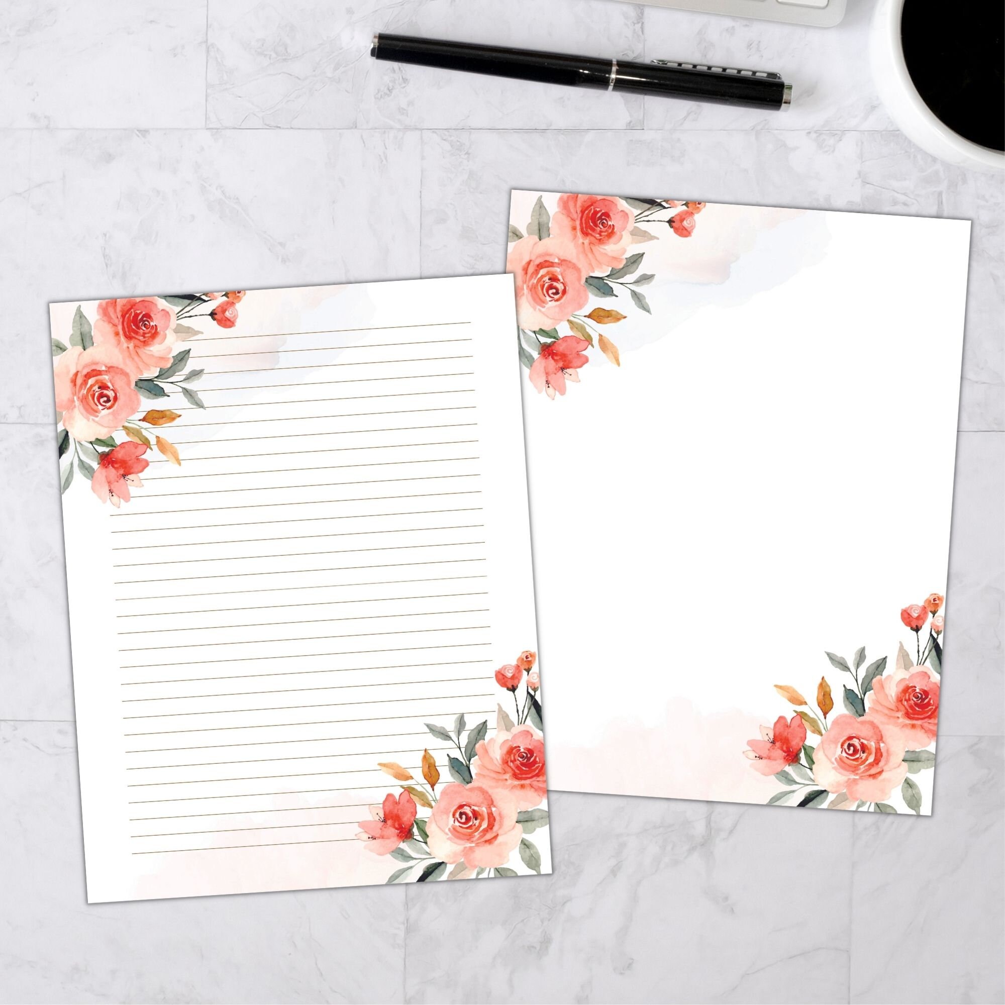 Printable Stationery Watercolor Roses, Floral Stationary Set, Letter ...