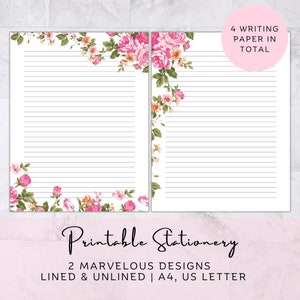 Cancelleria stampabile floreale rosa, carta da lettere, cancelleria digitale foderata sfoderata, blocco note per l'elenco delle cose da fare, inserti per pianificatore di diario