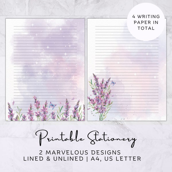 Lavender Printable Stationery, Lined Unlined Stationery, Printable Writing, Stationary Set, Digital Paper, Journal Paper A4 USL Floral Paper