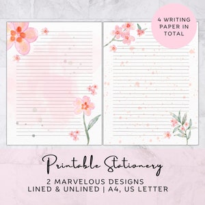 Cancelleria stampabile con fiori di ciliegio, cancelleria foderata, set per scrivere lettere, carta per appunti floreale carina, pagina di diario sfoderata, promemoria note digitali