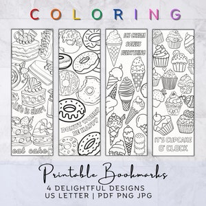 Printable Coloring Bookmarks, Cute Dessert Coloring Pages, Kids and Adult Bookmark Set, Classroom Homeschool Activity, Digital Download