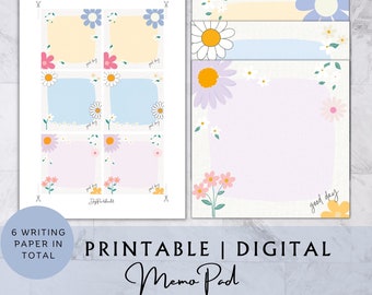 May include: Printable digital memo pad with six floral designs. The designs feature daisies, pastel colors, and the text "good day".
