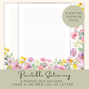 Papelería imprimible de flores de primavera, lindo papel estacionario floral pastel, escritura de cartas de amigos por correspondencia, inserciones de planificador de diario forrado sin forro